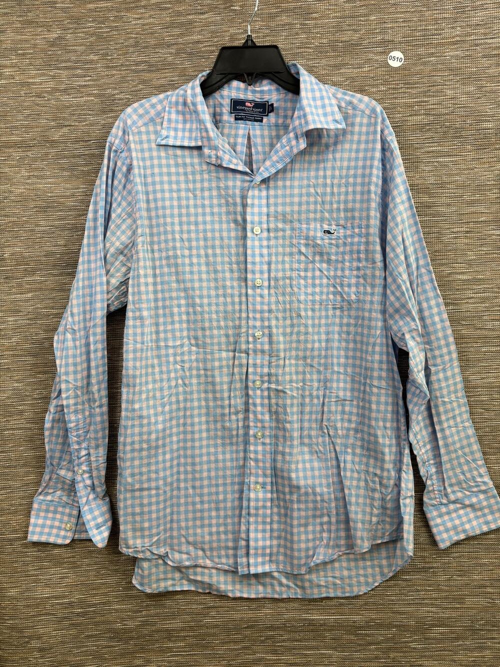 Vineyard Vines Shirt Mens Large Blue Pink Check Slim Fit Tucker Button Up Cotton